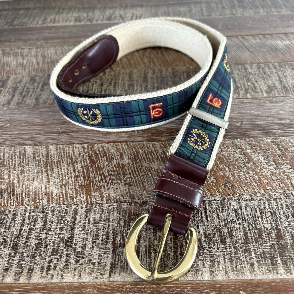 YRI Designs Plaid Golf Surcingle Ribbon Belt Small Preppy Y2k Brass Leather USA